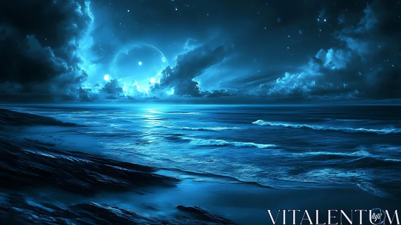 Blue Ocean at Night AI Image