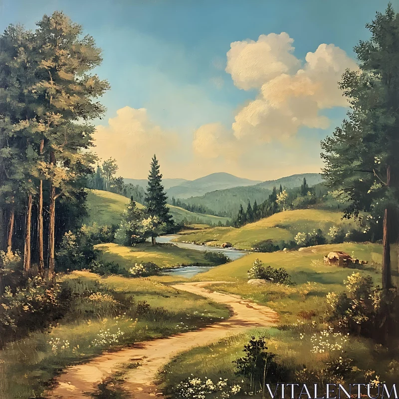 Idyllic Countryside Scene with River AI Image