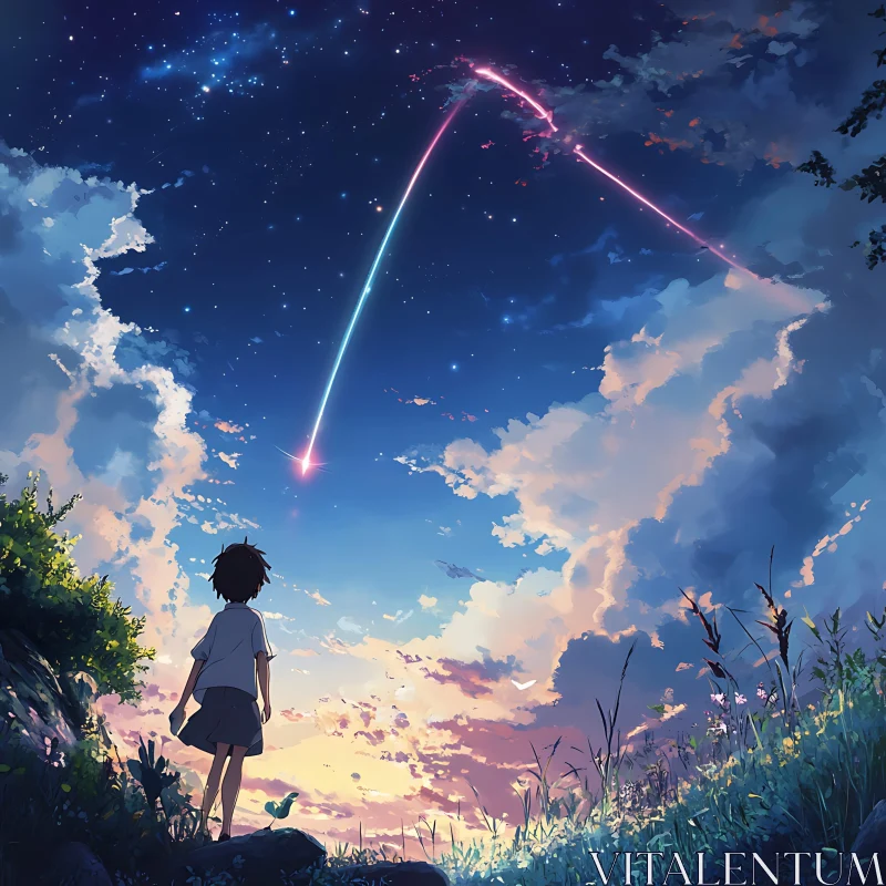 Child Watching Meteors in Anime Landscape AI Image