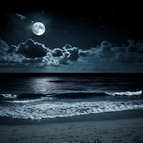 Nighttime Ocean View with Moon Reflection