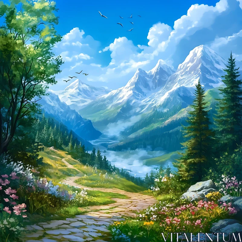 Idyllic Mountain View with Stone Pathway AI Image