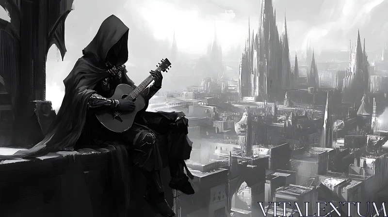 AI ART Dark Musician Overlooking the City