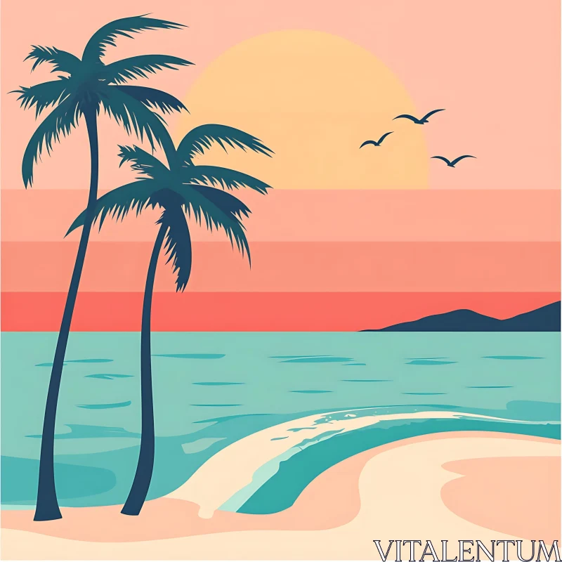 AI ART Tropical Beach Sunset Illustration