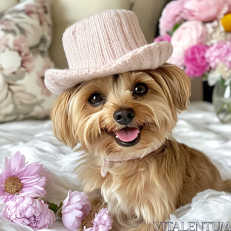 Cute Puppy in Hat with Pink Flowers AI Image