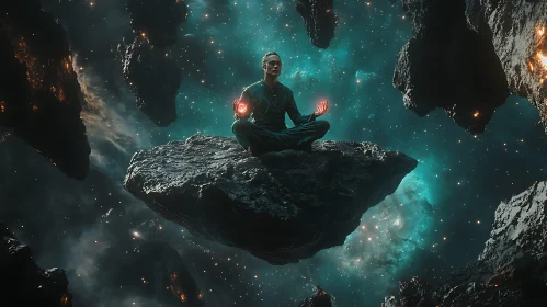 Man Meditating on Floating Rock