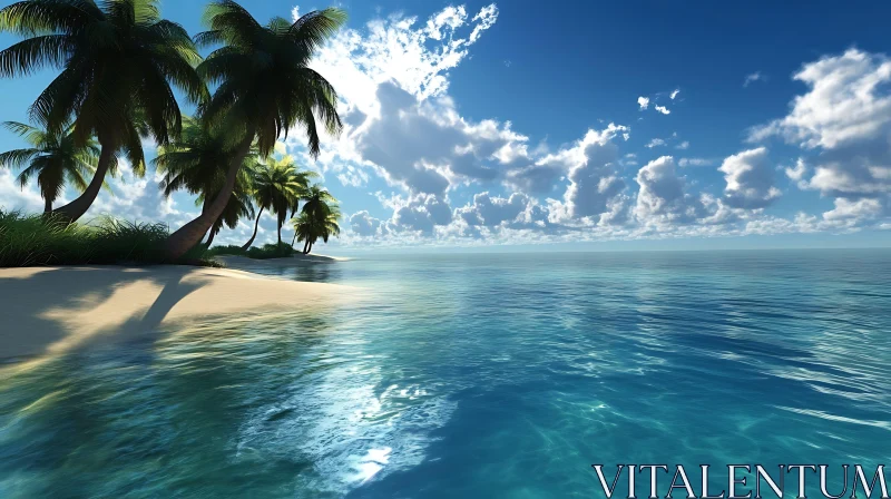 Tropical Island Beach Scene with Palm Trees AI Image