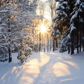 Snowy Forest Trail at Sunrise