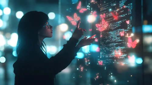 Woman Interacting with Digital Butterflies