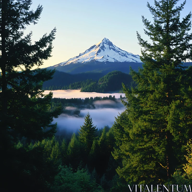 Snowy Mountain View Through Evergreen Trees AI Image