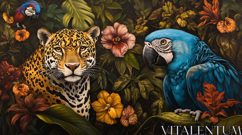 Tropical Wildlife Art: Jaguar and Macaws AI Image