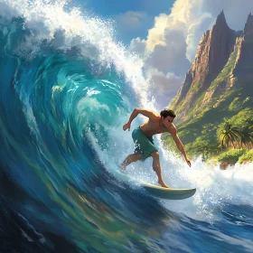 Man Surfing a Wave Near Mountains