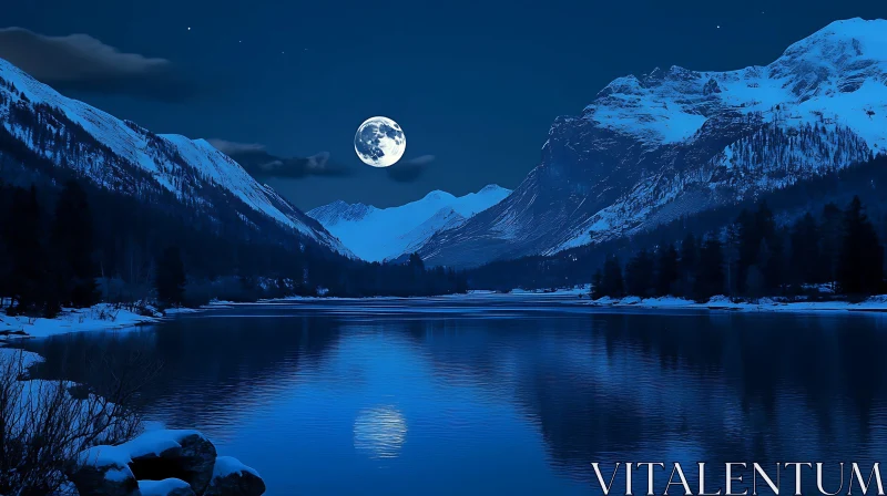 Tranquil Night at Mountain Lake AI Image