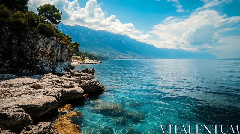 AI ART Tranquil Seascape with Mountains and Clear Water