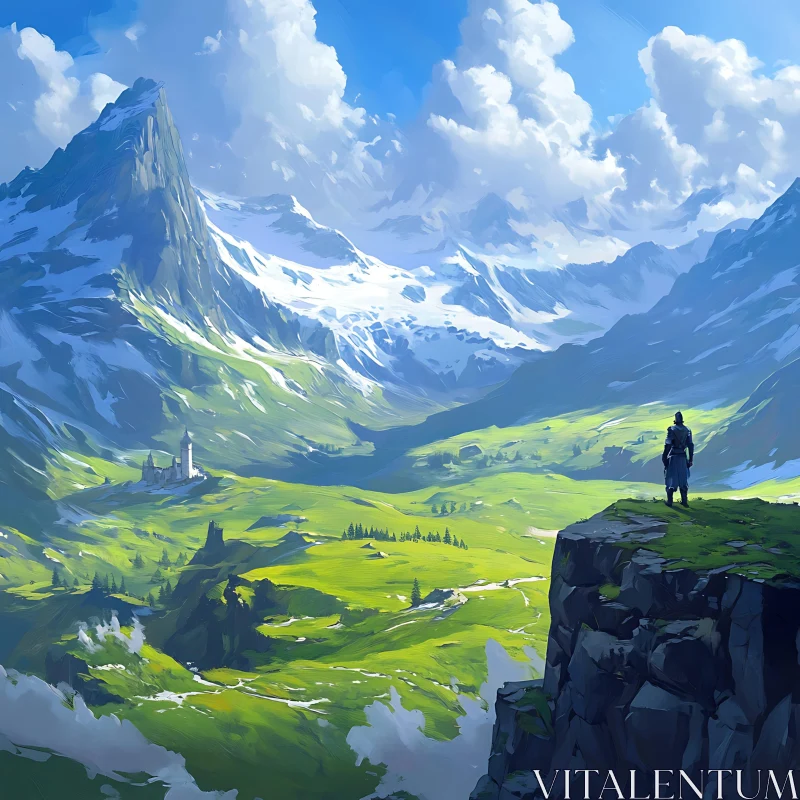 Lone Wanderer Overlooking Mountain Valley Vista AI Image