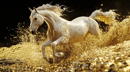 Galloping White Horse in Golden Splash