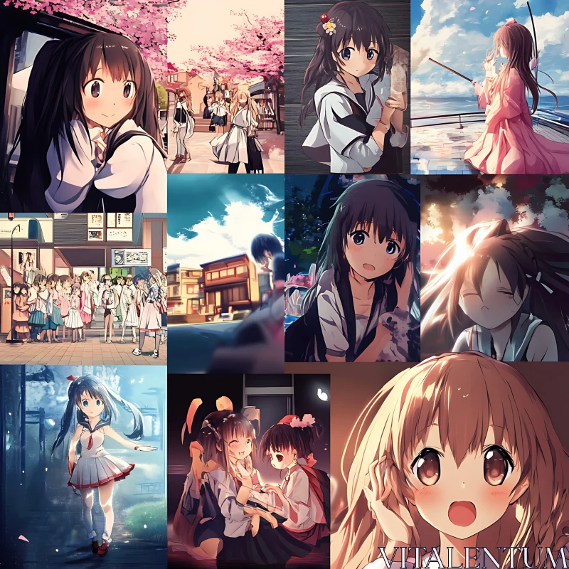 Collage of Anime Schoolgirls in Various Settings AI Image