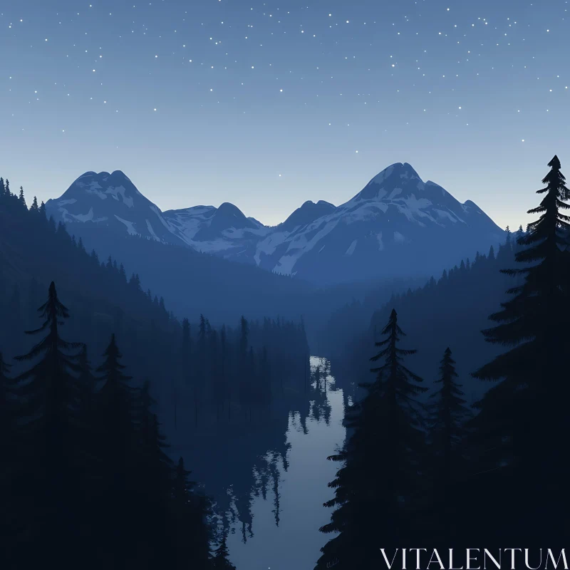 Peaceful Mountain River Starry Night Art AI Image