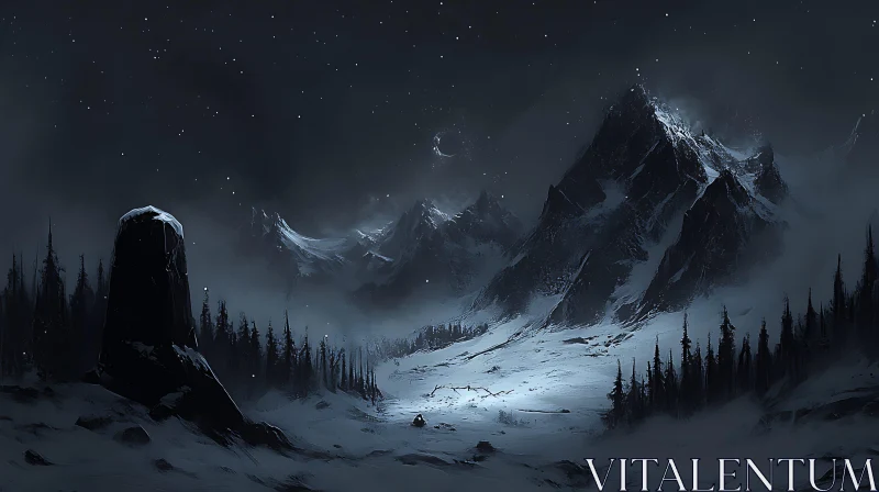 Winter Mountain Starry Night Landscape AI Image