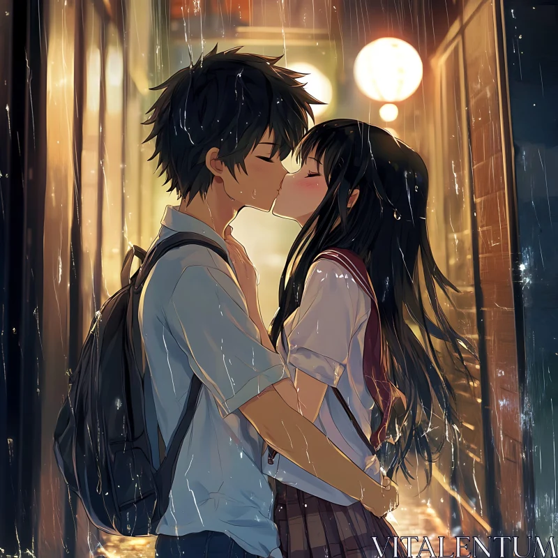 AI ART Young Couple Kissing in Rainy Anime Scene