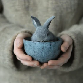 Tiny Rabbit in Blue Ceramic Bowl