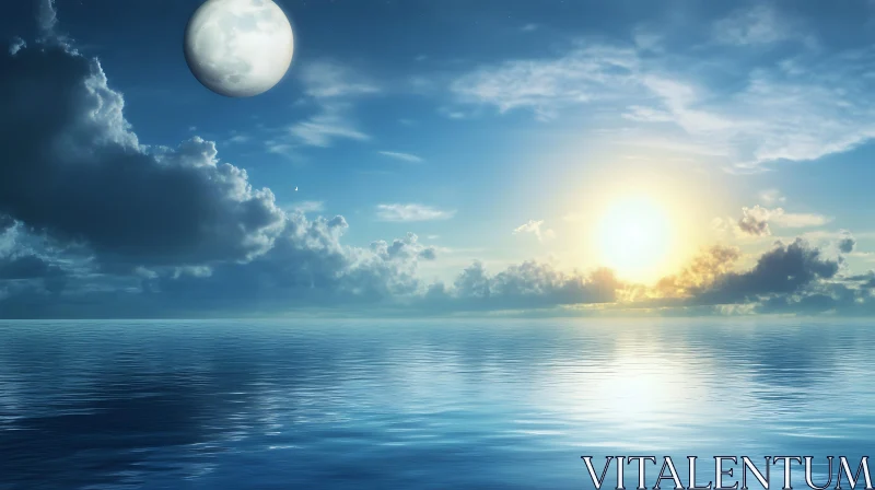 Ocean View with Sun and Moon AI Image