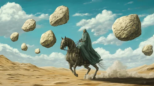 Mechanical Horse Ride in a Floating Rocks Desert