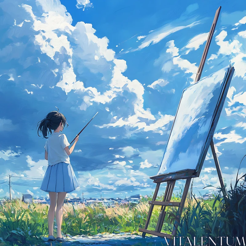 Serene Anime Girl Painting in Nature AI Image