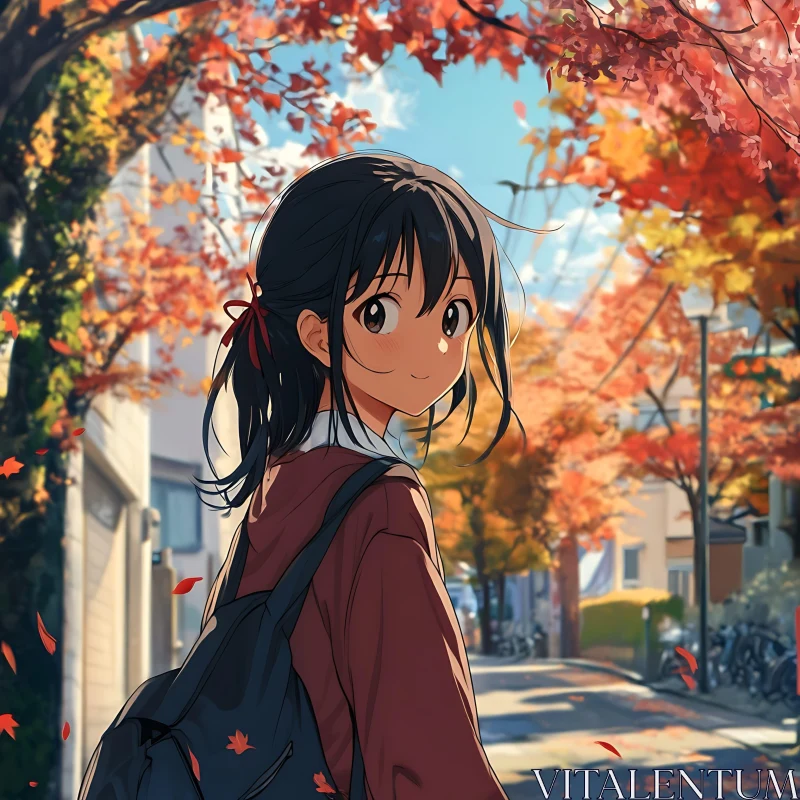 Autumn Walk - Anime Girl in Colorful Street AI Image