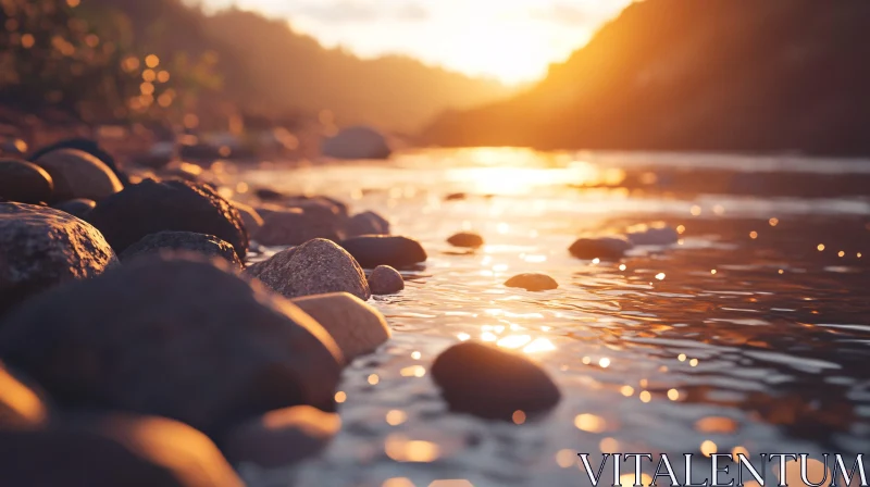 Tranquil Riverbank at Dusk with Warm Sunlight and Pebbles AI Image