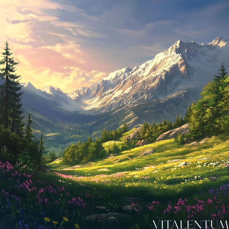 Alpine Meadow Landscape with Snow Mountains AI Image