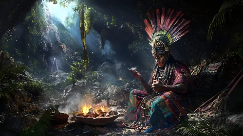 Native American Shaman by Campfire