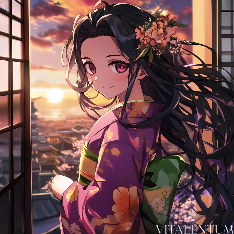 Anime Girl with Floral Adorned Hair in Sunset AI Image