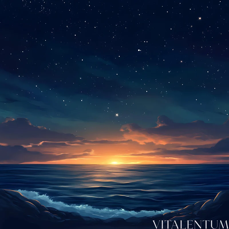 Ocean Sunset Under Starry Skies AI Image