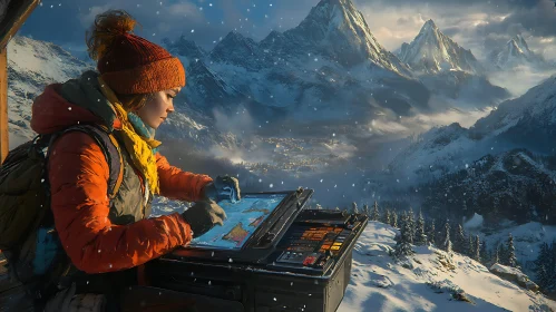 Woman Cartographer in Winter Wonderland