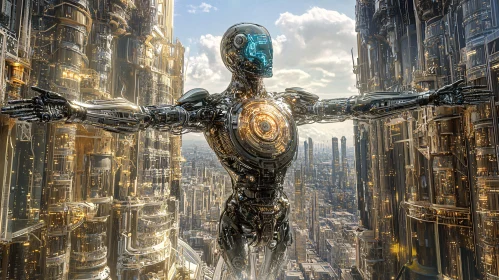 Advanced Cyborg Amidst Technological Cityscape