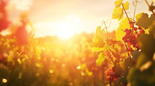 Golden Hour in a Vineyard with Glistening Grapes