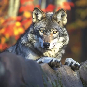 Resting Wolf in Fall Landscape