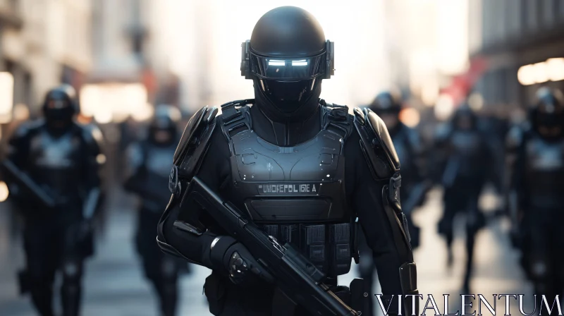 AI ART High-Tech Armored Soldiers in a Modern Cityscape