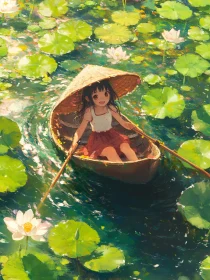 Anime Girl in Boat with Lily Pads