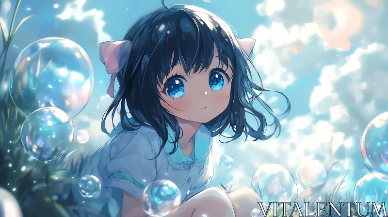 AI ART Charming Anime Girl Surrounded by Bubbles