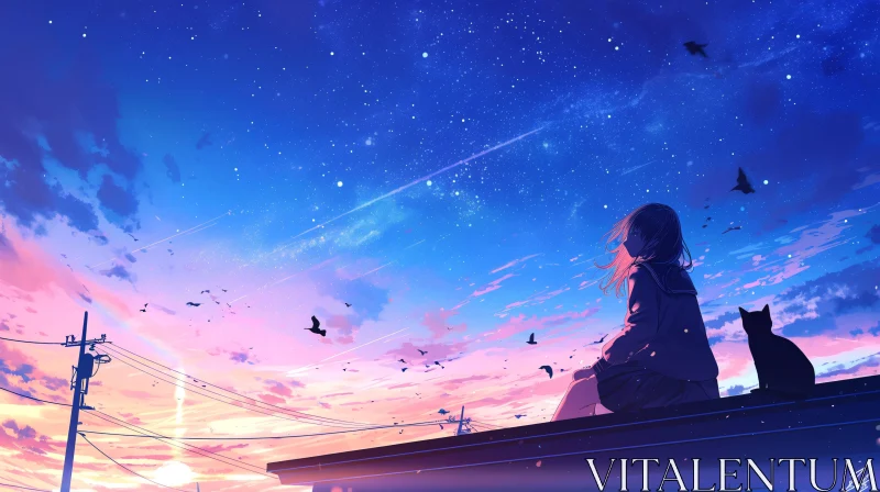 AI ART Anime Rooftop Scene with Girl, Cat, and Birds