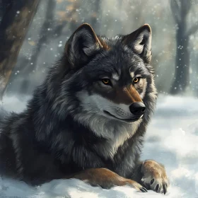 Resting Wolf in Snowy Woods