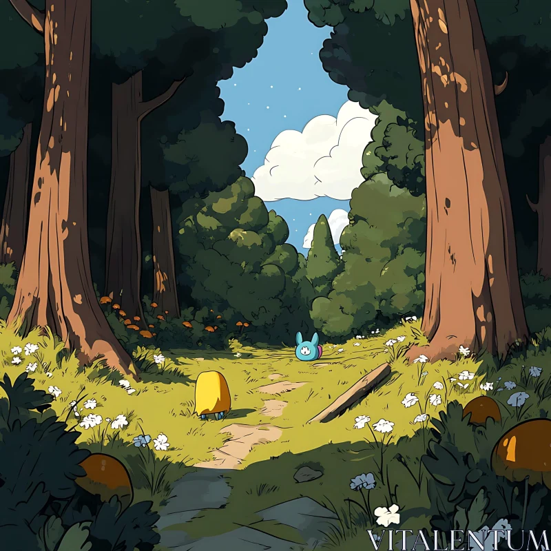 Cartoon Forest with Path and Characters AI Image