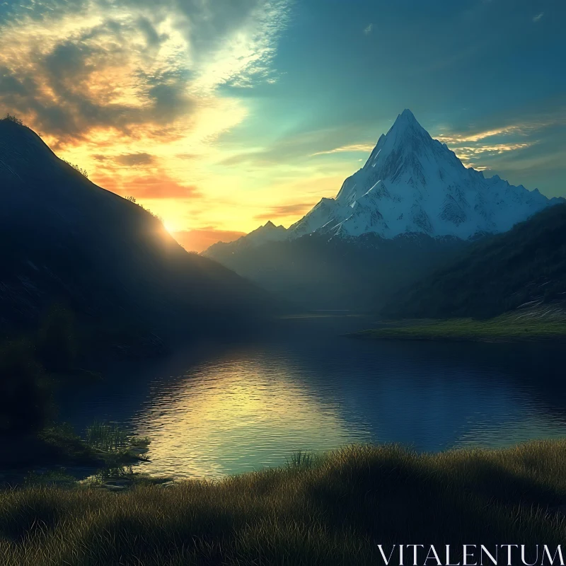 Tranquil Mountain Lake at Sunset AI Image