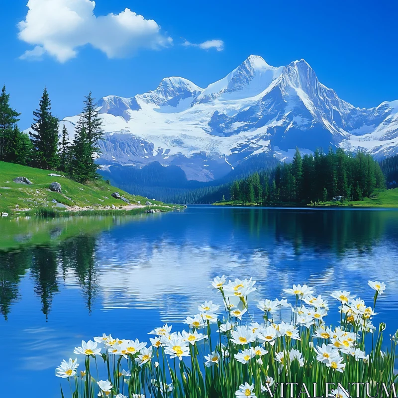 AI ART Alpine Lake Reflection with Wildflowers