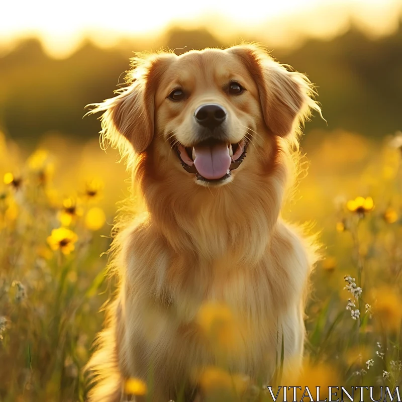 Happy Golden Retriever Amongst Flowers at Sunset AI Image