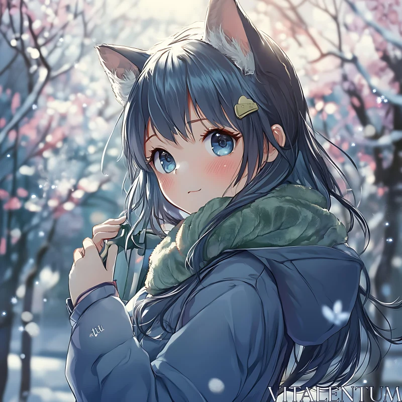 Charming Anime Girl in Snowy Scene AI Image