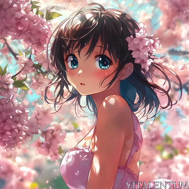 Anime Girl in Blooming Cherry Trees AI Image