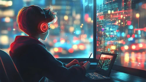 Programmer at Work with City View