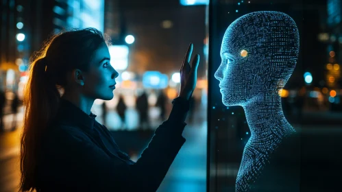 Digital Encounter: Woman Interacting with AI